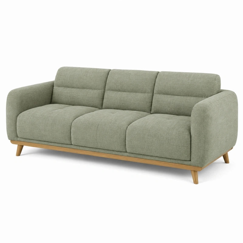 Canapé 3 places 210 cm en tissu vert avec pieds en bois style scandinave