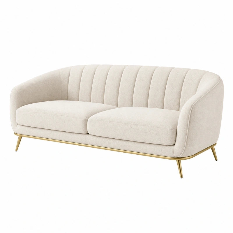 Canapé 2 places 180 cm en tissu beige avec piètement métallique doré style contemporain