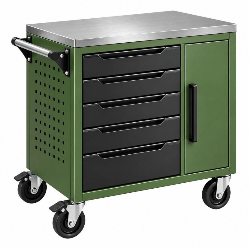 Servante d atelier 79 x 46 x 86 cm en acier vert et noir avec 5 tiroirs et roulettes