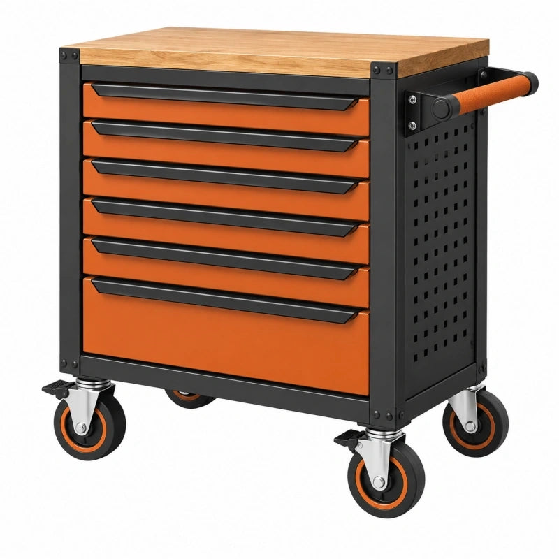 Servante d atelier 78 x 46 x 97 cm en acier noir et orange à 7 tiroirs plateau en bois mobile