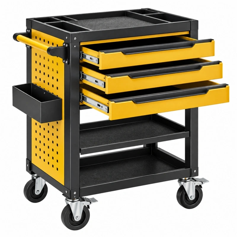 Servante d atelier 86 x 46 x 96 cm en acier noir et jaune à 3 tiroirs mobile