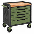 Servante d'atelier 70 x 45 x 85 cm en acier vert et noir avec 6 tiroirs plateau en bois sur roulettes