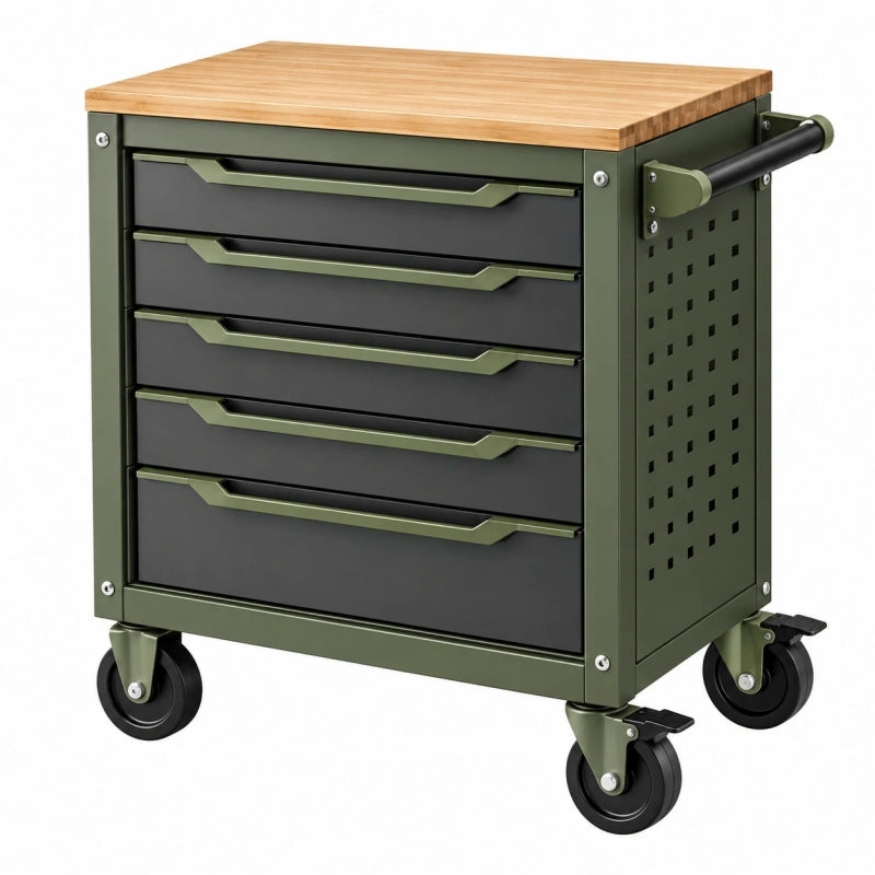Servante d'atelier 70 x 45 x 90 cm en acier vert avec 5 tiroirs et plateau en bambou