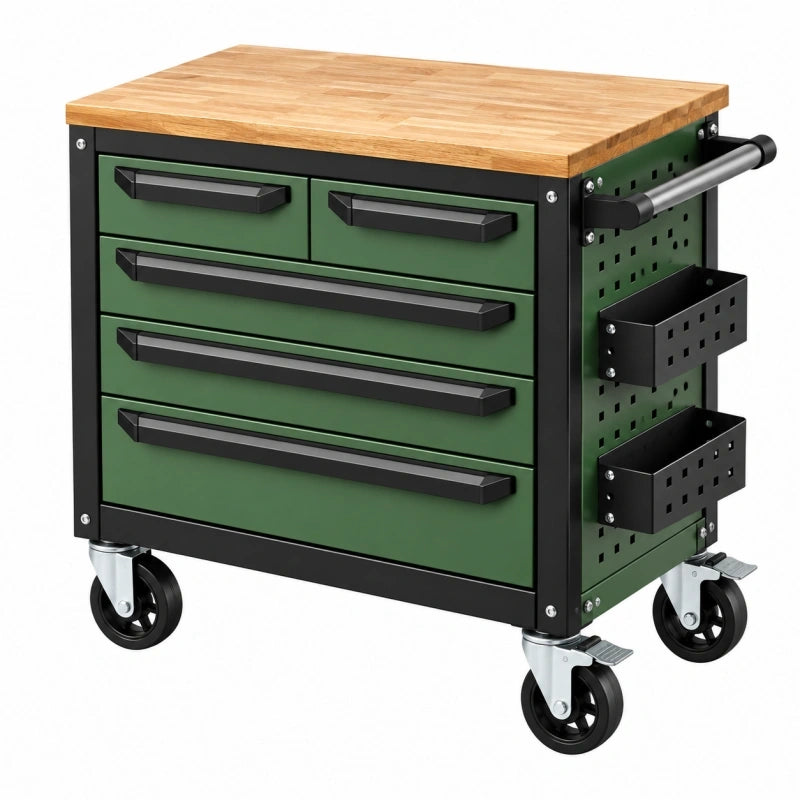 Servante d atelier 77 x 46 x 91 cm en acier vert avec plateau en bois et 5 tiroirs