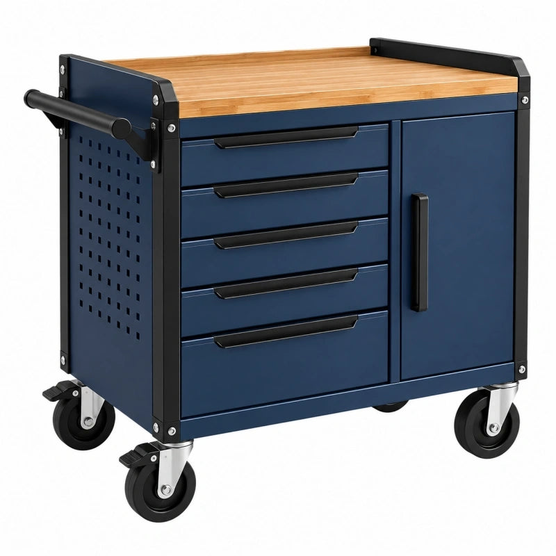 Servante d atelier 78 x 46 x 92 cm acier bleu plateau en bois rangement mobile