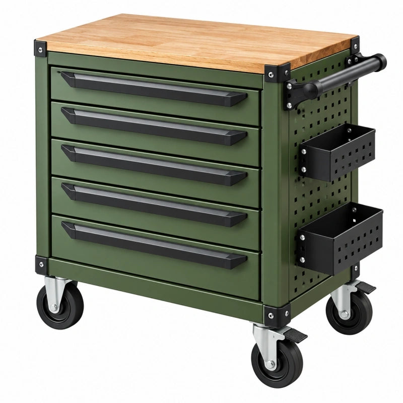 Servante d'atelier 72 x 46 x 87 cm en acier vert avec 5 tiroirs plateau en bois et roulettes