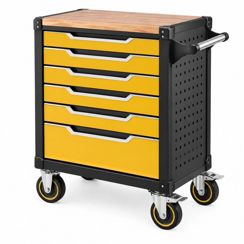 Servante d'atelier 77 x 46 x 95 cm en acier noir et jaune avec 6 tiroirs et roulettes
