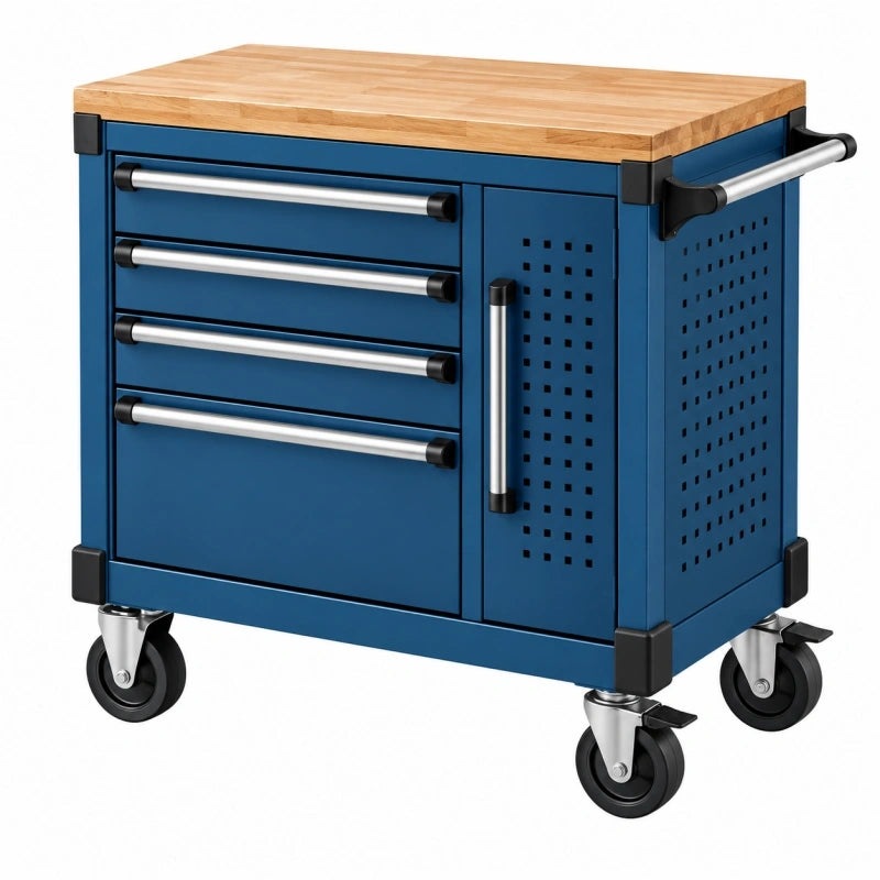 Servante d'atelier 85 x 46 x 95 cm acier bleu plateau en bois mobile à roulettes