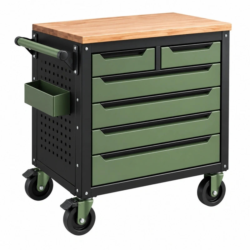 Servante d'atelier 76 x 46 x 91 cm en acier vert avec plateau en bois et 6 tiroirs