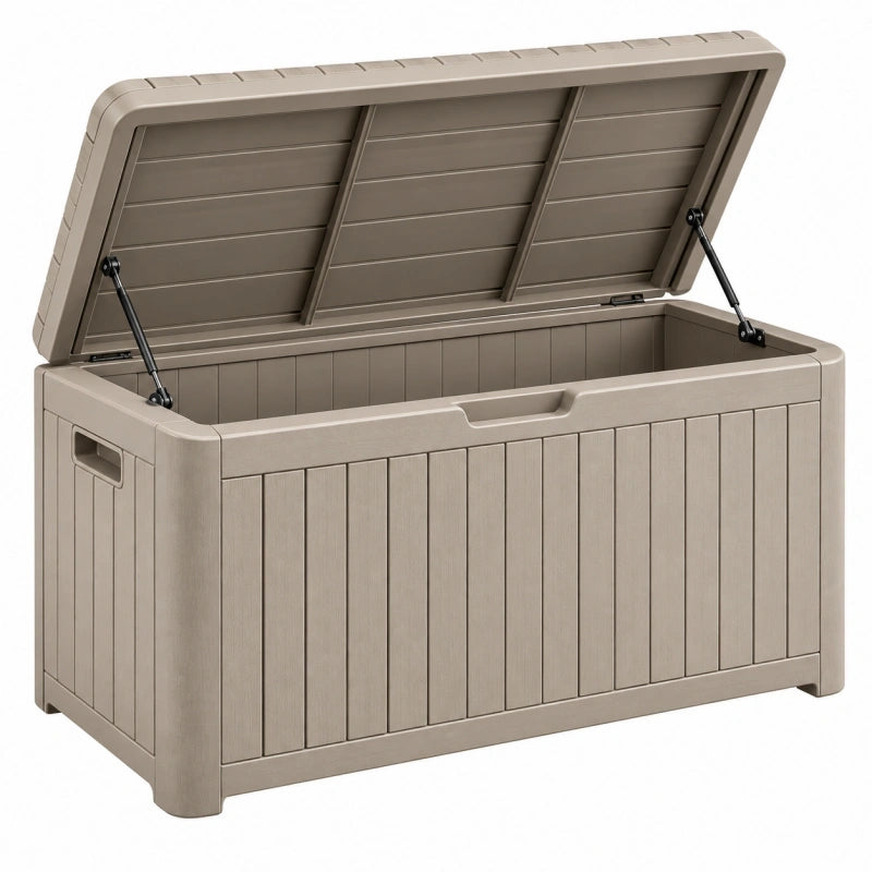 Coffre de rangement extérieur 120 x 55 x 60 cm en polypropylène taupe avec couvercle à vérins