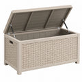 Coffre de rangement extérieur 120 x 56 x 63 cm en polypropylène beige effet tressé à couvercle relevable