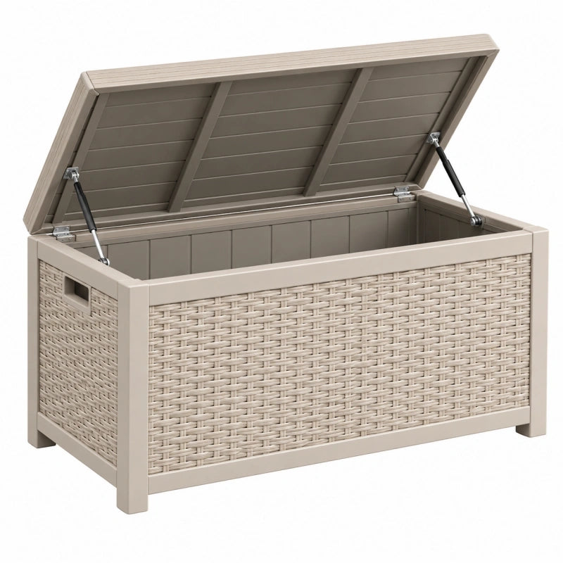 Coffre de rangement extérieur 120 x 56 x 63 cm en polypropylène beige effet tressé à couvercle relevable