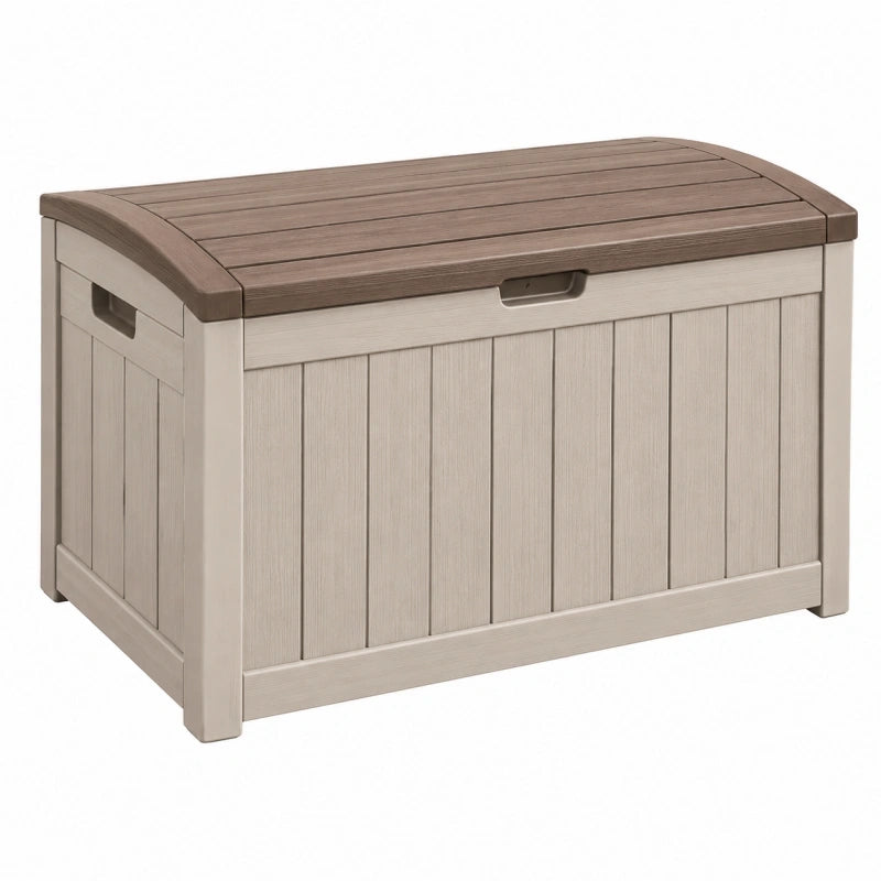 Coffre de rangement extérieur 120 x 56 x 63 cm en résine beige et brun avec couvercle assise