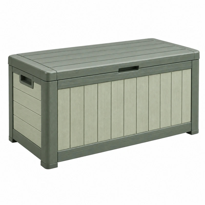 Coffre de rangement extérieur 119 x 48 x 60 cm en polypropylène vert gris avec couvercle