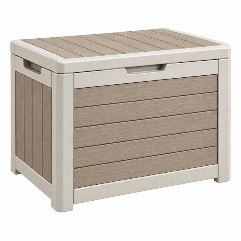 Coffre de rangement extérieur 80 x 60 x 60 cm en résine beige taupe effet bois avec couvercle