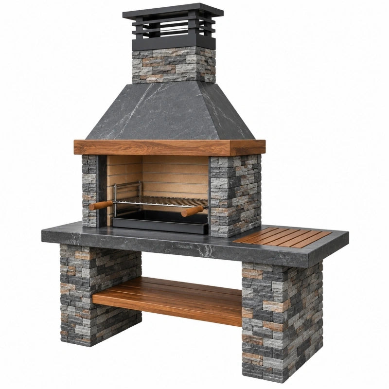 Barbecue de jardin 180 x 75 x 230 cm en pierre grise et bois avec hotte