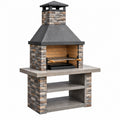 Barbecue fixe 120 x 70 x 220 cm en pierre gris et brun avec cheminée et rangement extérieur