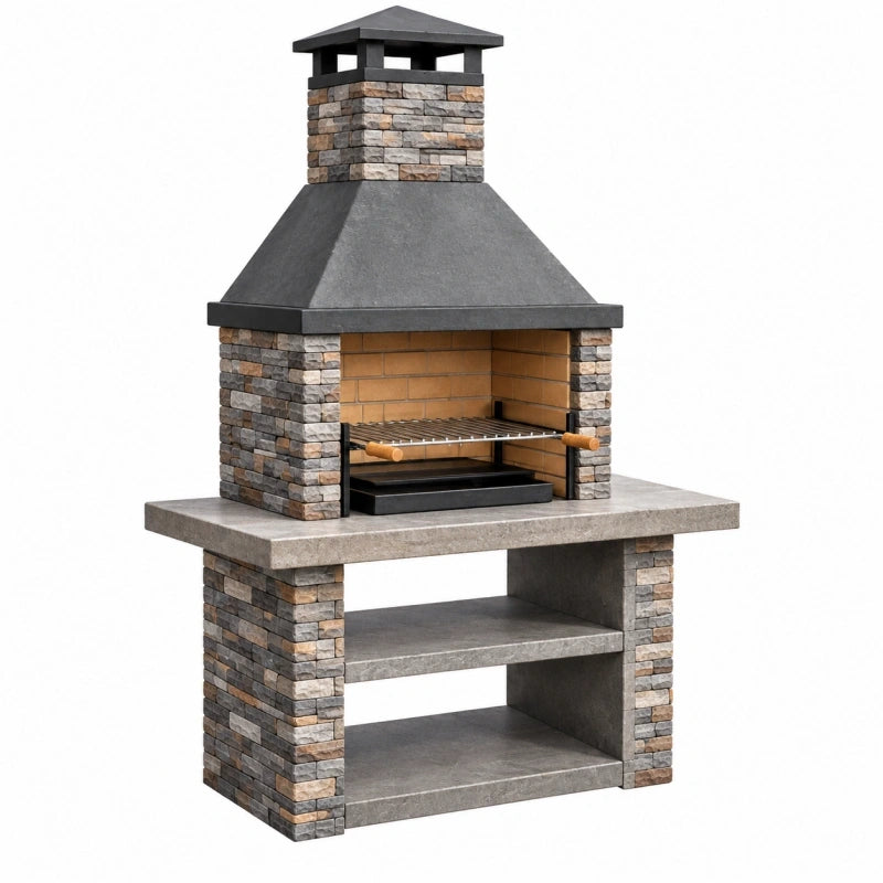 Barbecue fixe 120 x 70 x 220 cm en pierre gris et brun avec cheminée et rangement extérieur