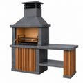 Barbecue cheminée de jardin 180 x 75 x 230 cm en pierre noire et bois avec grille