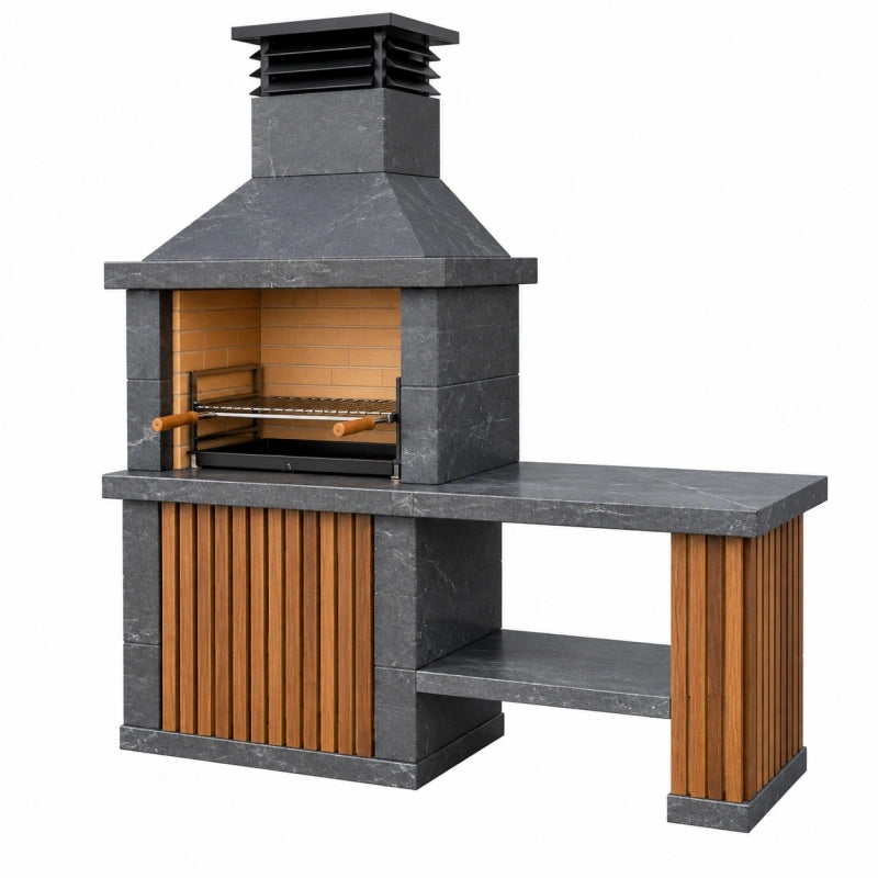Barbecue cheminée de jardin 180 x 75 x 230 cm en pierre noire et bois avec grille