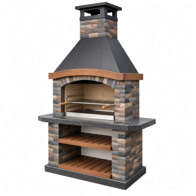Barbecue extérieur 140 x 75 x 230 cm en pierre acier noir avec cheminée et rangement