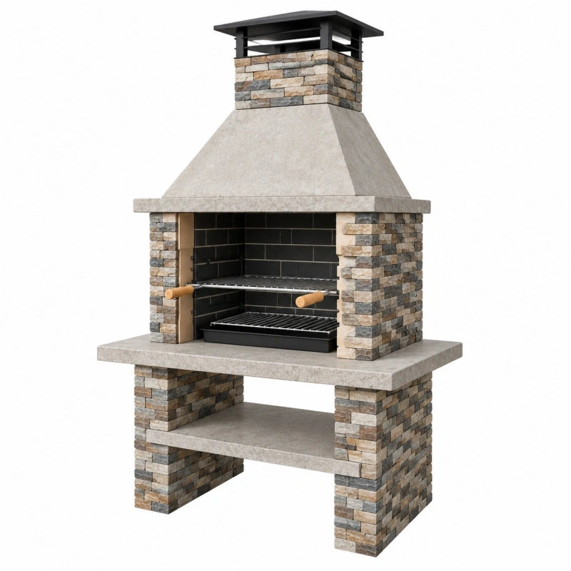 Barbecue de jardin 120 x 70 x 220 cm en pierre grise avec grilles en acier style rustique