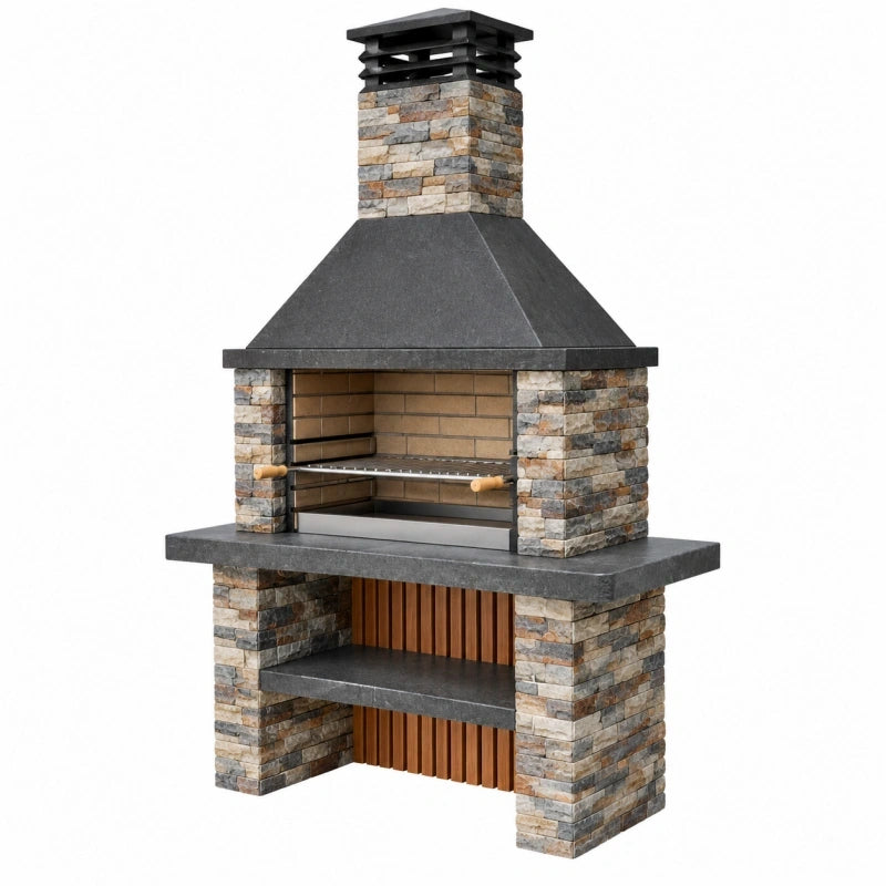 Barbecue fixe 120 x 70 x 230 cm en pierre grise pour jardin avec cheminée