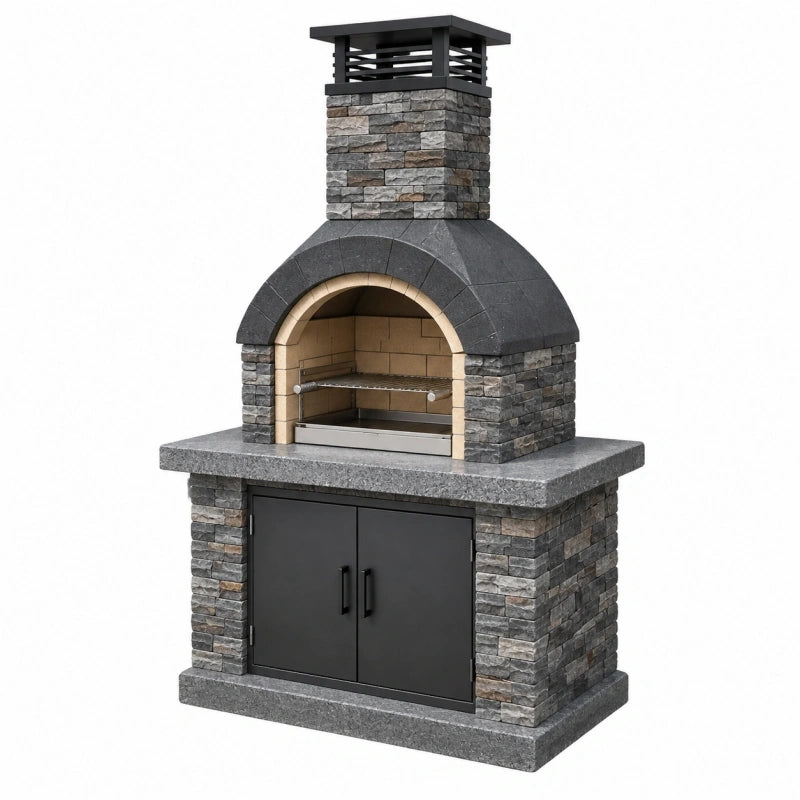 Barbecue extérieur en pierre grise 120 x 70 x 220 cm avec cheminée et rangement