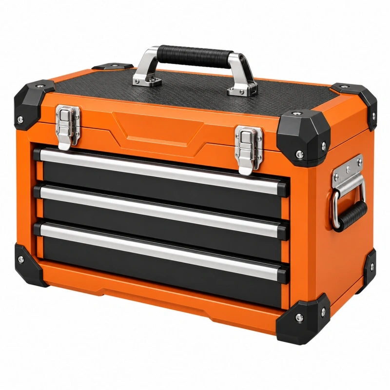Coffre à outils 50 x 25 x 35 cm en acier orange et noir avec 3 tiroirs