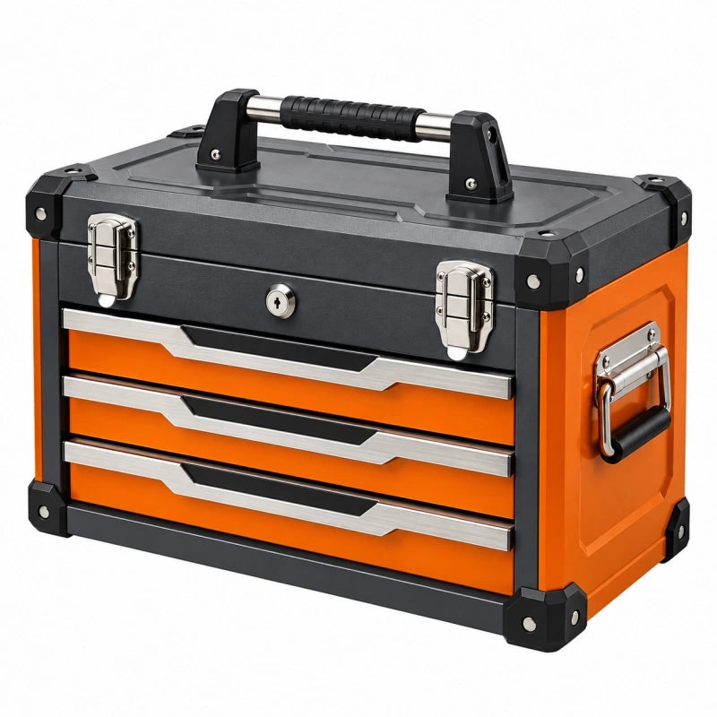 Coffre à outils 50 x 25 x 30 cm métal et plastique noir/orange à 3 tiroirs verrouillable