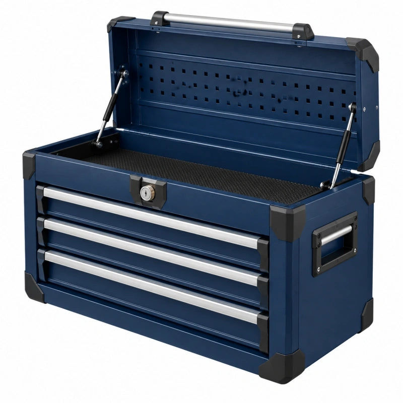 Coffre à outils 60 x 30 x 38 cm en acier bleu marine avec 3 tiroirs verrouillable