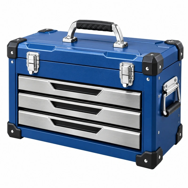 Coffre à outils 50 x 25 x 35 cm en métal bleu avec 3 tiroirs et poignées de transport