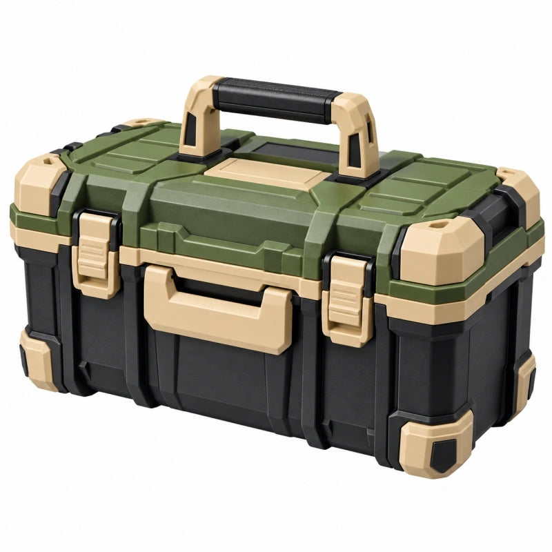 Boîte à outils 50 x 25 x 25 cm en plastique vert noir beige avec poignée de transport